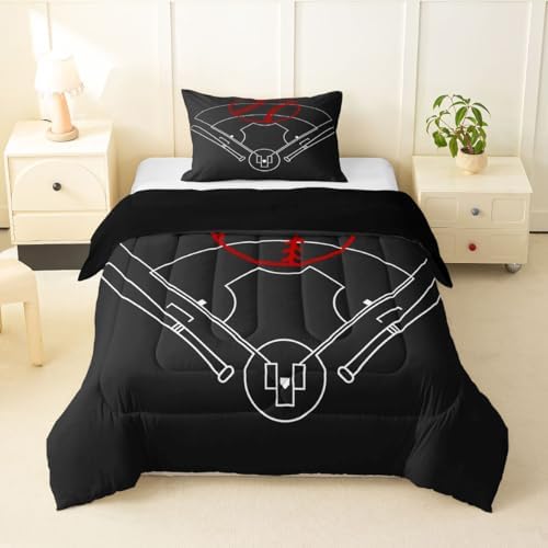 Baseball Field Print Comforter Set Twin Size,Boys Ball Sports Games Themed Quilt Set for Kids Boys Bedroom Collection,Red Baseball Bat Sporting Equipment Soft Bedding Set with 1 Pillowcase - Image 6