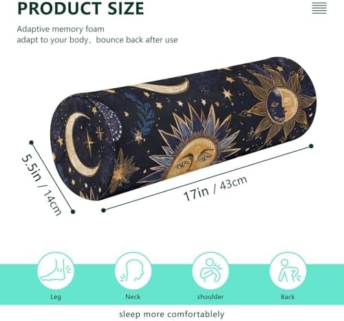 Purple Boho Sun Moon Neck Roll Pillow Bolster Round Health Memory Foam Long Cervical Cylinder Pillows with Removable Washable Cover for Body Bed Legs Back Yoga - Image 2