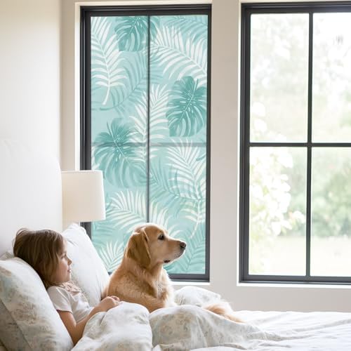 Window Privacy Film Frosted, Teal Green Palm Trees Tropical Static Cling Door Window Covering, Summer Beach Botanical UV Blocking Windows Film for Office, Hotel, Bedroom, 29.5 x 78.7 Inches - Image 2