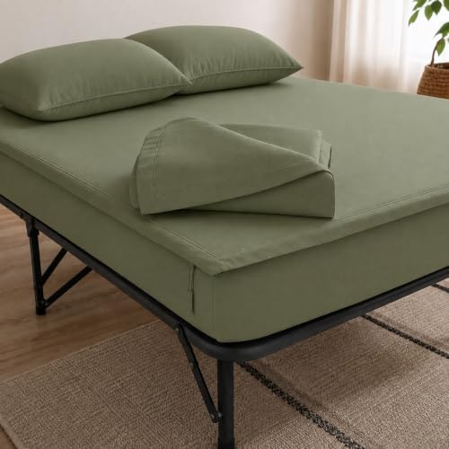 Zipper Cot Fitted Sheet, 32 x 75 Camping Cot Mattress Sheets, 400 Thread Count 100% Cotton, Includes 1 Wraparound Base, 2 Removable Zipper Top Sheets & 2 Pillowcases, 8 Inch Deep Pocket, Sage Green by Unknown