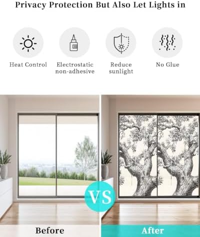 Window Privacy Film Frosted, Vintage Botanical Non-Adhesive Static Cling Window Tint, Antique Foliage Tree Rustic Insulated Windows Frosted Films for Living Room, 35.4 x 78.7 Inches - Image 6