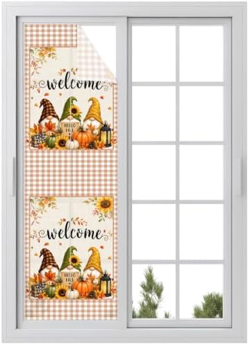 Window Privacy Film Frosted, Thanksgiving Gnomes Reusable Static Cling Window Tints, Fall Orange White Pumpkin Maple Leaf Heat Control Windows Films for Offices, Balcony, 29.5 x 118 Inches by Unknown