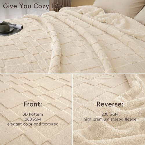 PHF Soft Sherpa Fleece Blanket Queen, Tufted Jacquard, 03-Oat Milk - Image 4