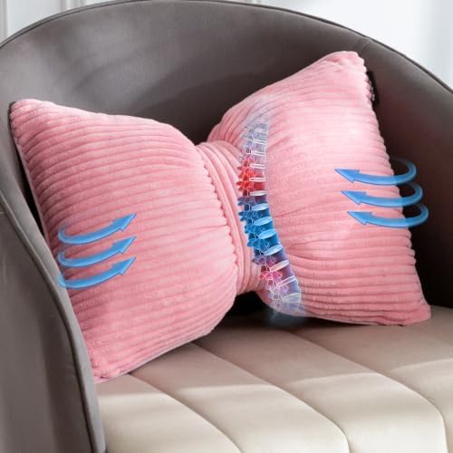 HIGOGOGO Lumbar Support Pillow for Recliner Chair, Bow Knot Shaped Back Support Cushion, Striped Corduroy Soft Decorative Lumbar Pillow for Office Chair, Sofa, Car, Bed, Living Room - Pink - Image 3