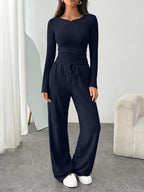 Trendy Queen Women's 2 Piece Matching Lounge Set Boat Neck Slim Fitted Top Wide Leg Pants Casual Tracksuits - Image 2