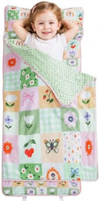 Viviland Toddler Nap Mat, Rolled Sleeping Mats with Pillow and Minky Dot Blanket for Girls, Kids Slumber Bag Nap Mat for Preschool, Daycare, Kindergarten, Travel Camping - Patchwork Flower by VIVILAND