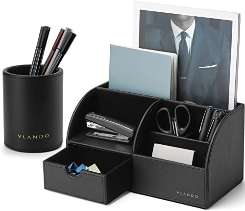 VLANDO Office Desk Organizer Leather Desktop Organizer Caddy with Drawer for Storing Desktop Supplies and Accessories (Black Set) by VLANDO