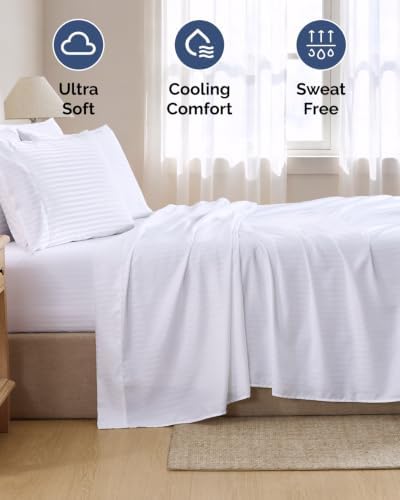 Queen 6 Piece Bed Sheet Set - Breathable & Cooling Sheets - Striped White - Image 4