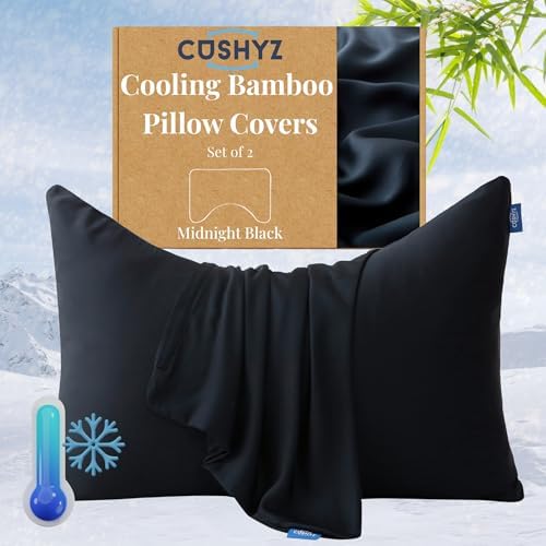 Cooling Pillow Covers for Curved Pillows – Queen 2-Pack 28x20 Midnight Black Moon-Shaped Zippered Pillowcases, 100% Rayon Derived from Bamboo, Ultra-Soft, Silky, Breathable, & Wrinkle‑Resistant by Cushyz