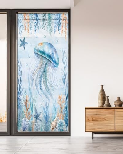 Window Privacy Film Frosted, Coastal Jellyfish Non-Adhesive Static Cling Window Tint, Blue Ocean Coral Summer Beach Seaweed Insulated Windows Frosted Films for Living Room, 35.4 x 78.7 Inches - Image 5