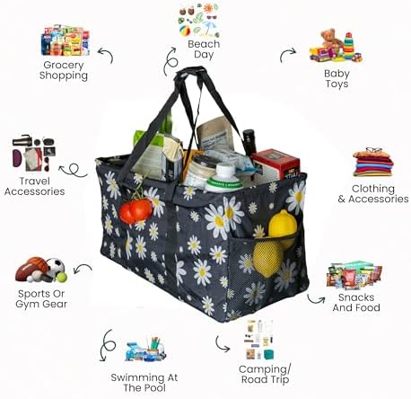 Extra Large Utility Tote Bag - Oversized Collapsible Beach Bag - Black Daisy - Image 3