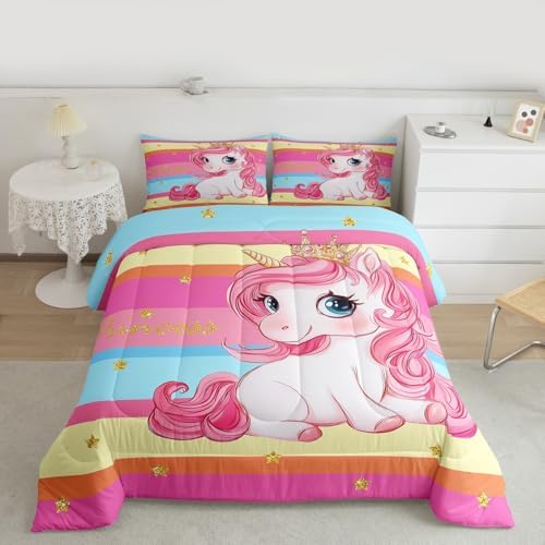 Erosebridal Pink Unicorn Toddler Bed Comforter Set for Girls | Princess Rainbow Unicorn Bedding Set Cute Stars Striped Bed Sets Girly Cartoon Horse Quilt Comforter Fantasy Girls Room Decor,2 Pcs - Image 3
