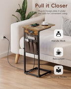 Vagusicc C Shaped End Table with Charging Station, Adjustable Height Side Table for Couch, Small Sofa Table with Storage Bag, Slide Under Sofa TV Tray Snack Arm Tables for Living Room, Bedroom, Brown - Image 7