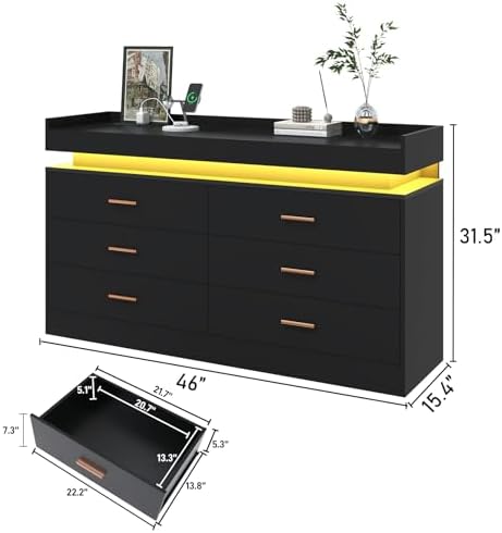 jiteentarou 6 Drawer Dresser with Charging Station and LED Lights, Modern Chest of Drawers with Power Outlet, Organizer Cabinet for, Living Room, Black - Image 2