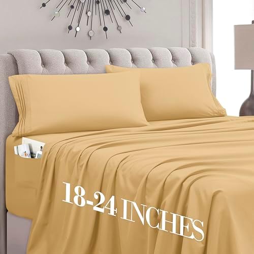 Mocassi Twin Size 4-Piece Bed Sheet Set - 1800 Premium Hotel Quality Microfiber 18-24 Inches Extra Deep Pocket Fitted Sheet- Luxury Soft, Breathable, Wrinkle, and Fade Resistant, Gold by MocassiLuxuryBedding