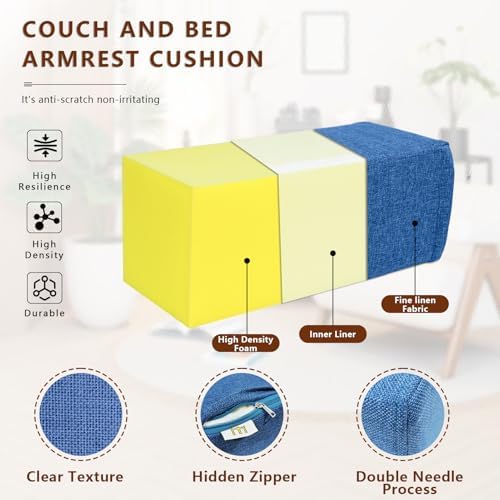 2 Pack Couch Arm Rest Pillow, 8''x8''x20'' Linen Cover, High Density Foam Armrest Cushion, Removable & Washable Elbow Support for Sofa, Bed, and Armchair (Indigo Blue) - Image 3