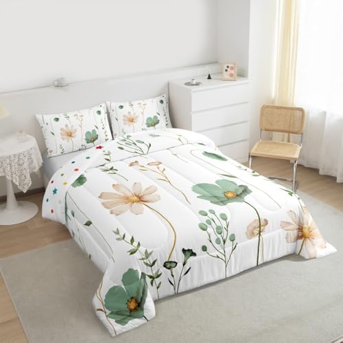 Erosebridal Watercolor Floral Comforter Set Full, Sage Green Beige Flower Bedding Set for Girls Teens Adult Women Bedroom, Modern Minimalist White Down Comforter Pastoral Branches Aesthetic Quilt - Image 3