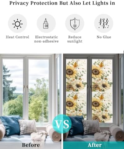 Window Privacy Film Frosted, Pumpkins Sunflower Fall Reusable Static Cling Window Tints, Thanksgiving Botanical Rustic Heat Control Windows Films for Offices, Balcony, 29.5 x 118 Inches - Image 6