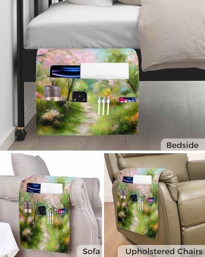 Sofa Armrest Organizer Bedside Caddy, Spring Pink Green Non Slip Couch Remote Control Holder for Recliner, Pastoral Oil Painting Country Flowers Armchair Caddy with Pocket for Magazine, 19.7"x35" - Image 5
