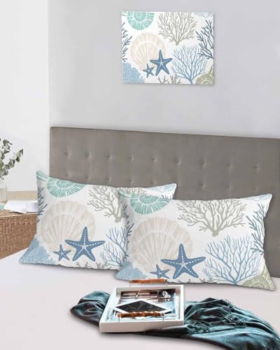 DecorLovee Coastal Pillow Cases Standard Size Set of 2 - Microfiber Bed Throw Pillow Covers, Blue Teal Coral Summer Beach Starfish Decorative Lumbar Pillow Cover with Envelope Closure for Sofa/Travel - Image 5