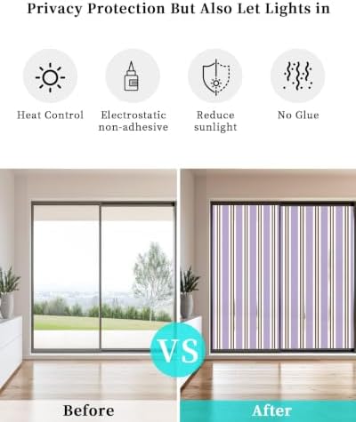 Window Privacy Film Frosted, Purple Brown Striped Static Cling Door Window Covering, Modern Farmhouse Vertical Stripes UV Blocking Windows Film for Office, Hotel, Bedroom, 29.5 x 78.7 Inches - Image 6