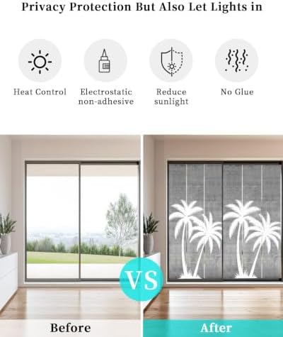 Window Privacy Film Frosted, Black Grey Palm Trees Non-Adhesive Static Cling Window Tint, Summer Coastal Tropical Botanical Insulated Windows Frosted Films for Living Room, 35.4 x 78.7 Inches - Image 6