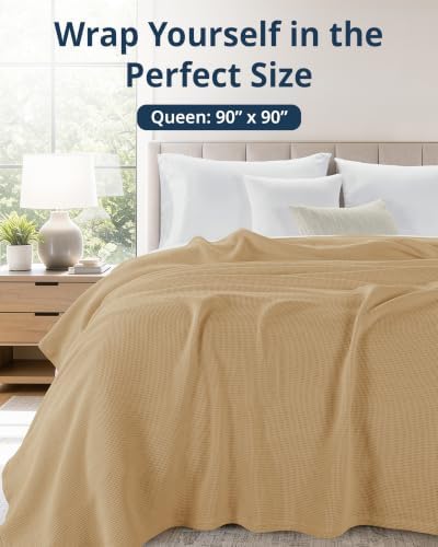 LANE LINEN Queen Size Blankets for Bed, 100% Cotton Waffle Textured - Beige - Image 3