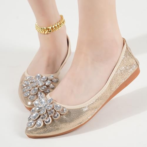 Flats Shoes for Women Rhinestone Wedding Ballerina Shoes Foldable Sparkly Comfort Slip on Flat Dressy Flats - Image 2