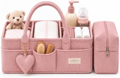 Baby Diaper Caddy Organizer with Matching Zipper Pouch, Soft Corduroy Diaper Storage Basket, Nursery Organizer with Removable Divider, Newborn Essentials, Baby Registry Must Have, Gift for Baby Shower by Unknown