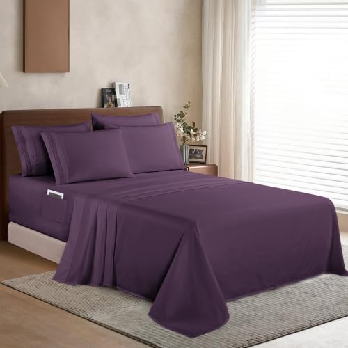Elegant Comfort 1500 Premium Quality 6-Piece Bed Sheet Set - 18-24 Inch Extra Deep Pocket, Smart Storage Pockets, Wrinkle Free Ultra Soft 6PC Extra Deep Pocket Sheets, Full, Purple - Image 3