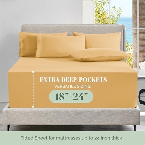 Elegant Comfort Luxury Soft 4-Piece 1500 Premium Hotel Quality Bed Sheet Set with Extra Deep Pockets 18-24 Inch, Wrinkle Free, Storage Pockets, Extra Deep Pocket 4PC Sheets, Twin, Gold - Image 4