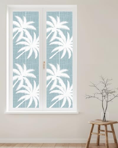 Window Privacy Film Frosted, Blue Grey Tropical Tree Reusable Static Cling Window Tints, Summer Coastal Palm Trees Heat Control Windows Films for Offices, Balcony, 29.5 x 118 Inches - Image 2