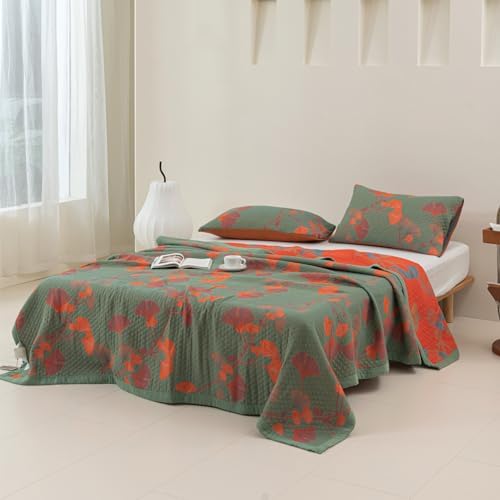 100% Cotton Muslin Blanket Jacquard Green Orange Floral Ginkgo Leaves Quilt, Soft Bed Cover Lightweight Breathable Gauzy Reversible Bedspread Coverlet Twin(59"x94"), No Pillow Sham - Image 5