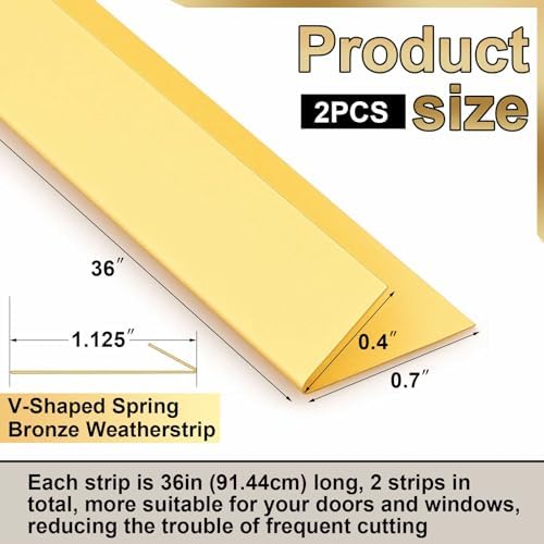 Zonon 2 Pcs 45/64" W x 3' L Spring Bronze Weather Stripping Metal Brass Weather Strip Copper Weatherstripping for Exterior Old Door or Window Seal with Mounting Nails(V Shape) - Image 2