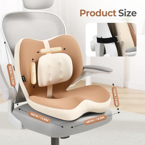 FLORICH 2 in1 Truck Seat Cushion and Lumbar Support Pillow Memory Foam Car Seat Cushion with Adjustable Strap for Truck Driver Long Drives, Fits Semi Truck Seat,Car,Office&Gaming Chair(Light Brown) - Image 3