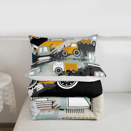 Feelyou Kids Equipment Trucks Comforter Set Construction Comforter Cover Set Boys Cartoon Car Excavator Tractor Bedding Set Construction Vehicles Yellow Grey Duvet Set Room Decor Quilt Set King Size - Image 3
