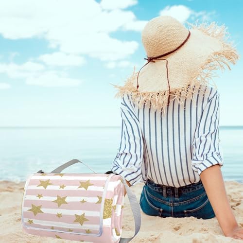 MNSRUU Picnic Blanket Waterproof Foldable, Gold Glittering Stars Large Outdoor Picnic Beach Camping Blanket Travel Mat, Shoulder Strap Tote, Rectangle 57x59in - Image 5