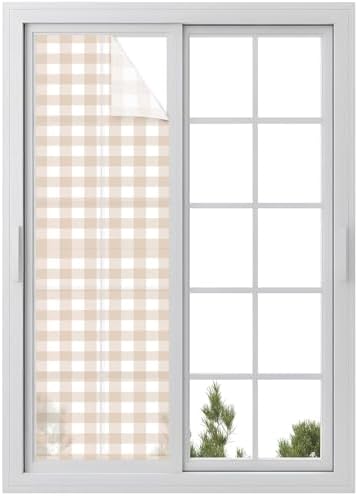 Window Privacy Film Frosted, Farmhouse Plaid Reusable Static Cling Window Tints, Cream Classic Buffalo Check Rustic Heat Control Windows Films for Offices, Balcony, 29.5 x 118 Inches by Unknown