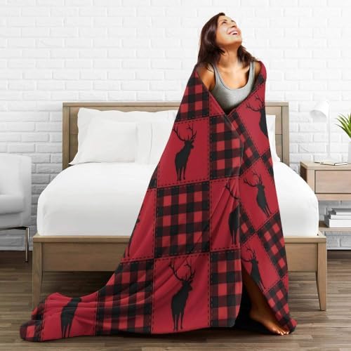 Christmas Deer Red Black Plaid Flannel Fleece Throw Blanket - Image 5