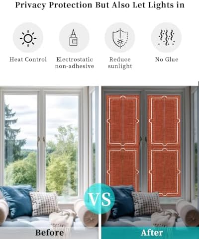 Window Privacy Film Frosted, Brick Red Botanical Reusable Static Cling Window Tints, Vintage Florals Geometric Minimalist Heat Control Windows Films for Offices, Balcony, 29.5 x 118 Inches - Image 6