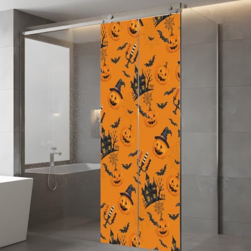 Window Privacy Film Frosted, Orange Pumpkins Halloween Static Cling Door Window Covering, Horror Haunted Houses UV Blocking Windows Film for Office, Hotel, Bedroom, 29.5 x 78.7 Inches - Image 5