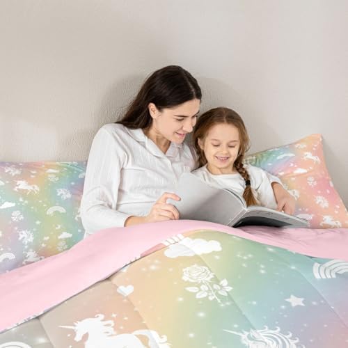 Erosebridal Girls Unicorn Toddler Bedding Set Rainbow Unicorn Comforter Set for Kids Child Ombre Stars Moon Comforter Fantasy Girls Room Decor Rose Flower Duvet Insert Cartoon Kawaii Bed Set - Image 6