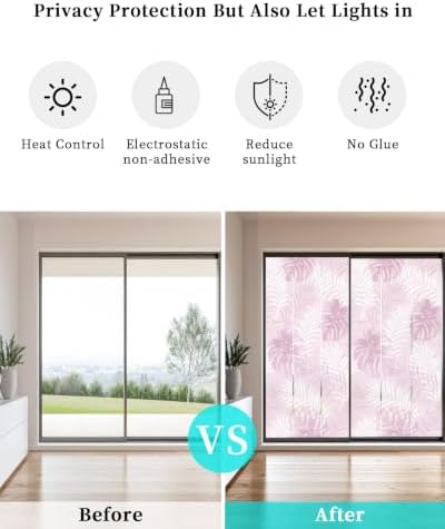 Window Privacy Film Frosted, Pink Yellow Palm Trees Tropical Non-Adhesive Static Cling Window Tint, Summer Beach Botanical Insulated Windows Frosted Films for Living Room, 35.4 x 78.7 Inches - Image 6
