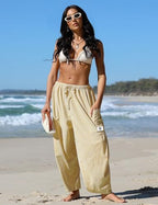 TARSE Womens Linen Wide Leg Striped Pants Casual Barrel Palazzo Harem Pants - Image 3