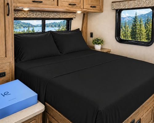 Kickoff Viscose Bamboo Sheets RV Short Queen Size 4-pc 100% Organic Bamboo Viscose Bed Cooling Sheets Set (60" x 75") Cool Bedding for hot Sleepers Sheet Set - Gift Ready Packaging (Black, SQ) by KickoffHome