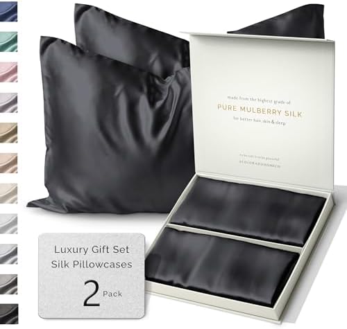 SUNDAYSILKS™ | Silk Pillow Cases 2 PACK | 22 Momme Mulberry Silk Pillowcase Set of 2 | All Sides 100% Pure Silk Slip Pillowcases Bliss for Women, Zipper, Standard Queen, King Size, 6A [Midnight Black] by ColoradoHomeCo