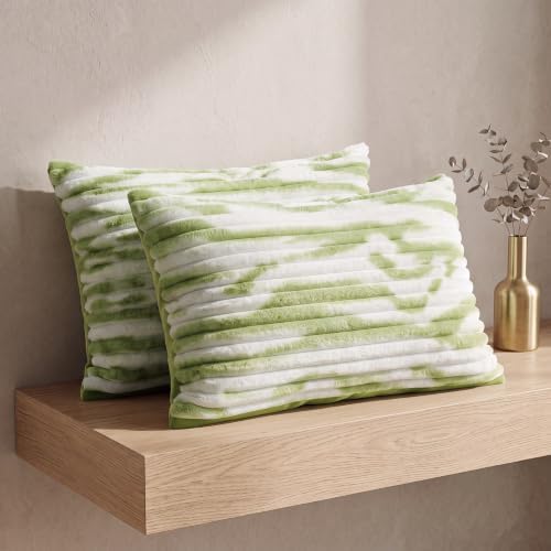 Bedorm Faux Fur Pillowcases Set of 2 Standard Size Plush Fluffy Pillow Cover Ivory and Green, Zipper Closure - Image 6