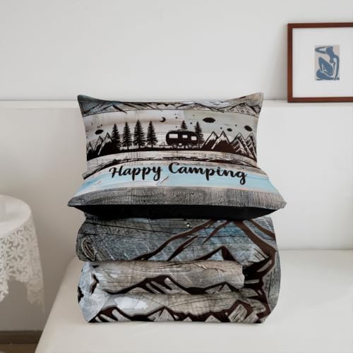 Erosebridal Rustic Camping King Comforter Set Rv Camper Bedding Set Country Farmhouse Wooden Board Comforter for Kids Boys Girls Mountain Pine Trees Quilt Duvet Blue Grey - Image 7