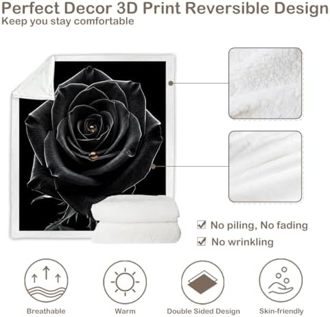 Black Rose Sherpa Blanket Romantic Gift Throw Blanket for Women Soft Warm Cozy 50x60 Inches Dark Aesthetic Floral Design Bedroom Couch Decor Gift for Birthday Anniversary Housewarming - Image 7