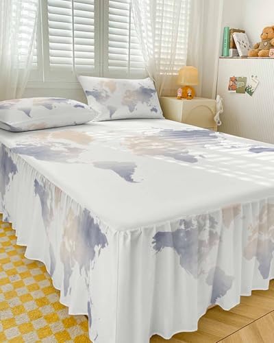 Ruffle Bed Skirt Queen, Soft Watercolor World Map Soft Microfiber Fitted Bedding Sheet Bedskirt 18 Inch Drop, Minimalist Travel Art Print Elastic Wrap Around Bed Skirt Pillowcases Set by Litter+Star